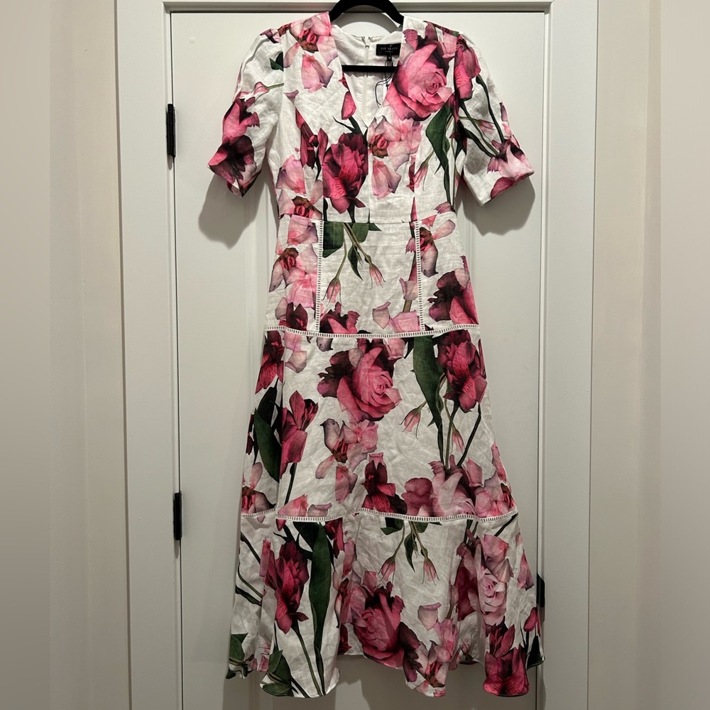 Ted Baker Short Sleeve V Neck Linen Midi Dress - Picture 3 of 7